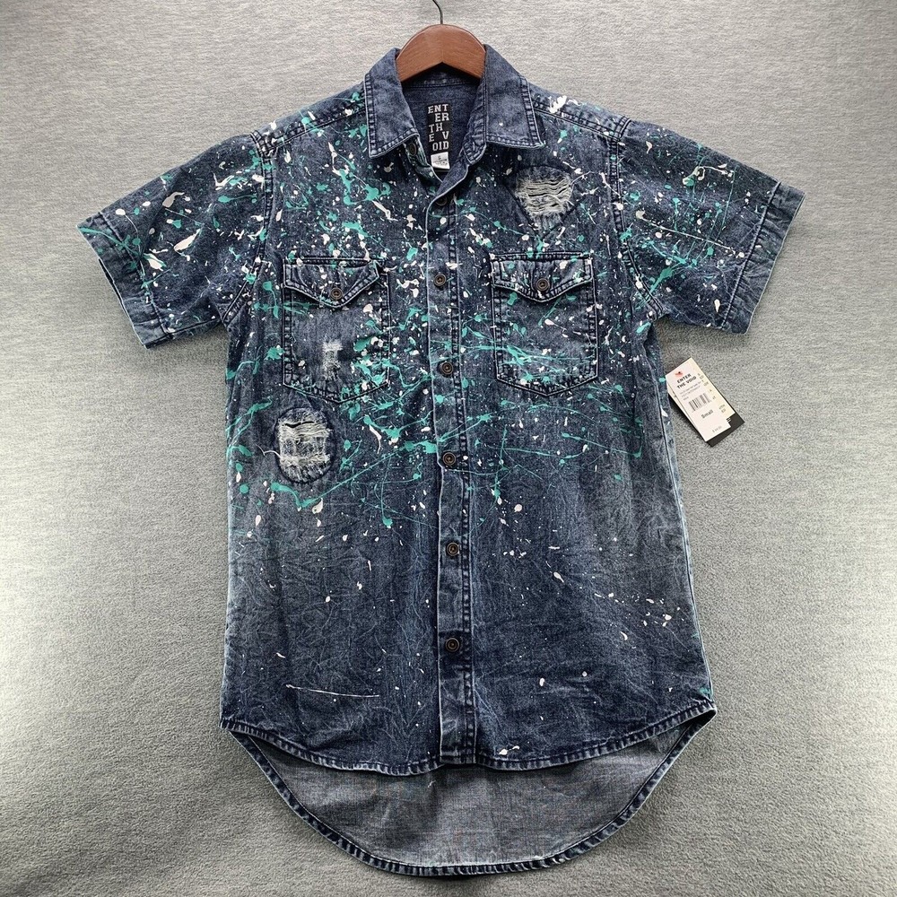 Enter the Void Men's Denim Short Sleeve Button Down Paint Splatter Shirt Sz S